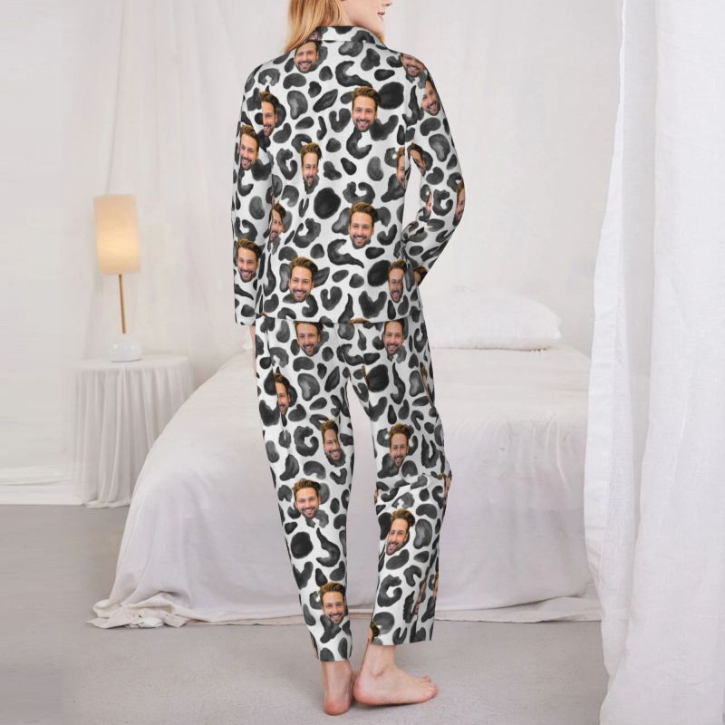 Personalized Pajamas Custom Photo Black Leopard Print Style Chic Design Gift for Family Members