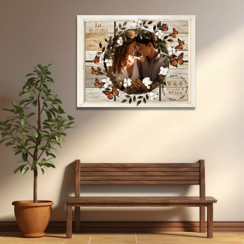 Personalized Picture Canvas Wall Art with Butterflies Pattern Romantic Gift for Sweet Couples