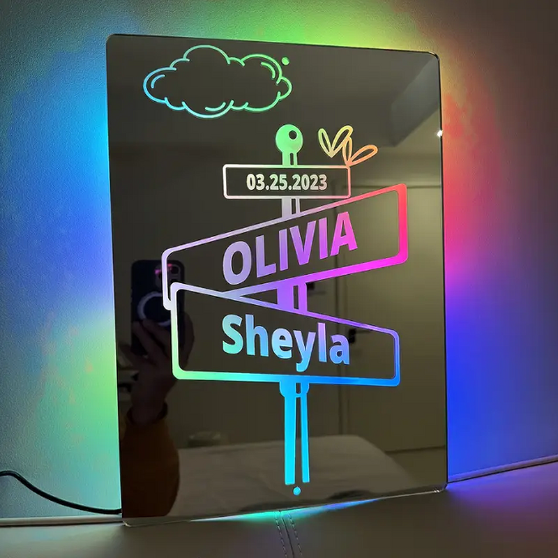 Personalized Mirror Lamp Customized with Couple's Name and Date Sweet Gift