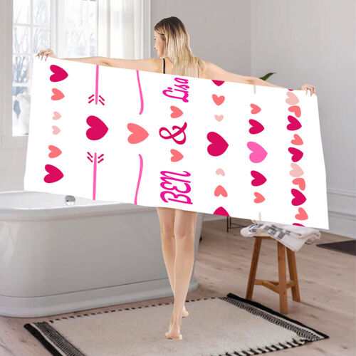 Custom Name Beach Bath Towel with Romantic Love Heart Pattern for Valentine's Day