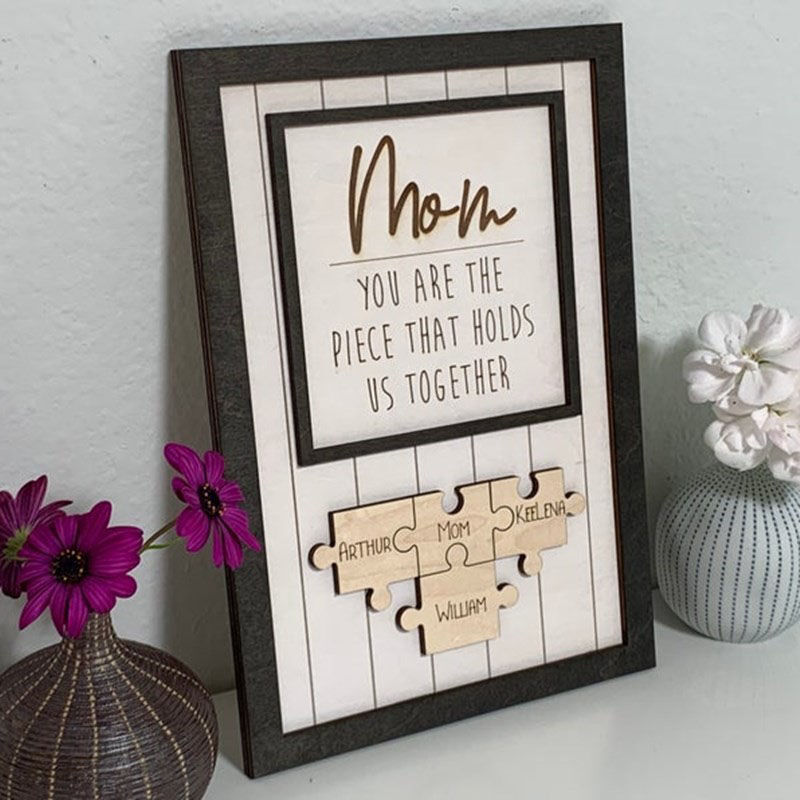 "Mom Is The Piece Holds Us Together" Custom Puzzles Pieces Name Khaki Frame Mother‘s Day Gift