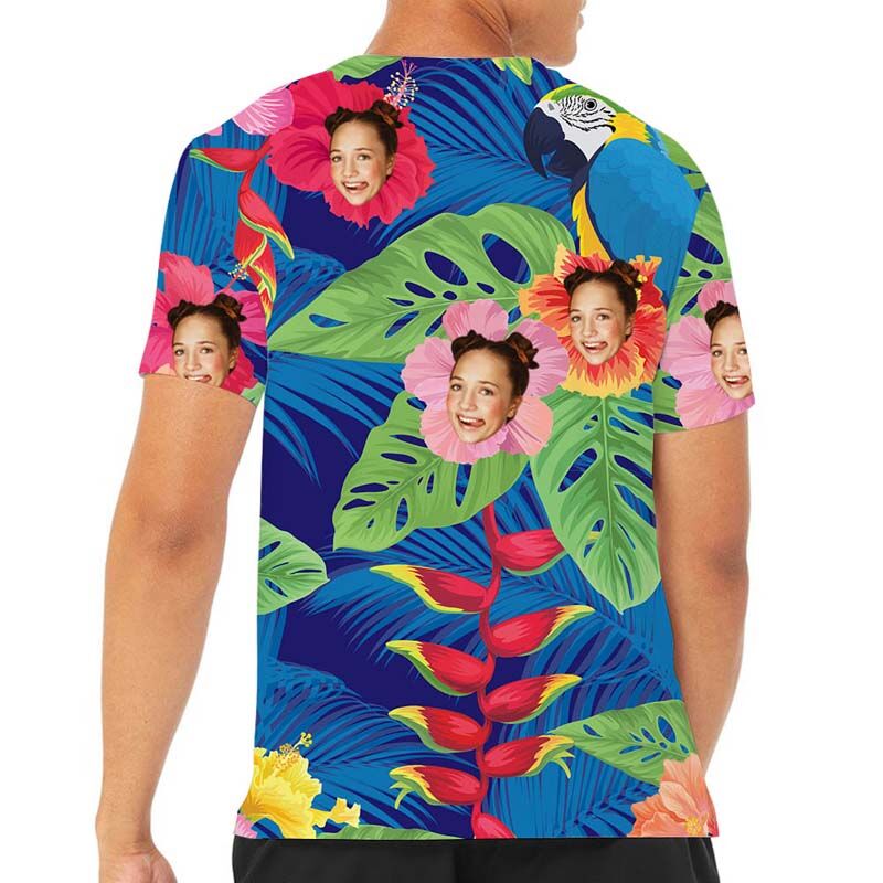 T-Shirt Hawaïen Personnalisé avec Feuilles Vertes et Fleurs Rouges