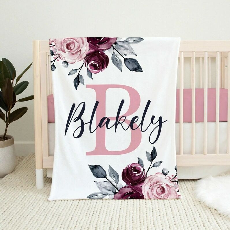 Personalized Name Soft Flannel Blanket with Romantic Flower Pattern