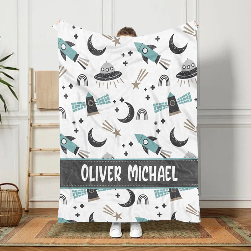 Personalized Name Blanket with Cartoon Spaceship And Rocket Pattern for Baby Boy