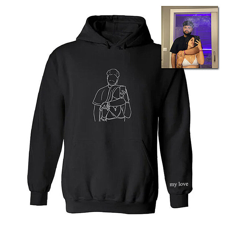 Personalized Hoodie Custom Embroidered Couple Photo Line Drawing Design Great Gift for Lovers