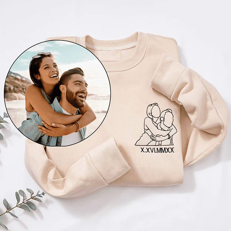 Personalized Sweatshirt Custom Embroidered Couple Line Photo and Roman Numeral Date Gift for Lover