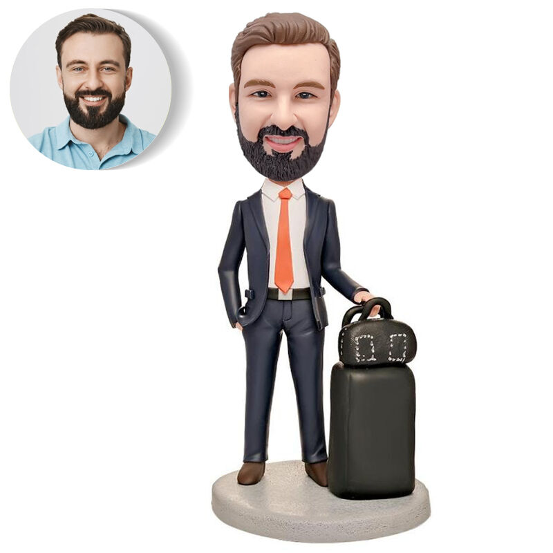 Customised bobblehead van een reizende baas met koffer