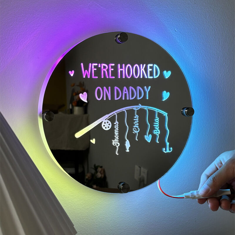 Personalized Round Mirror Lamp With Fishing Rod Cool Gift For Dad