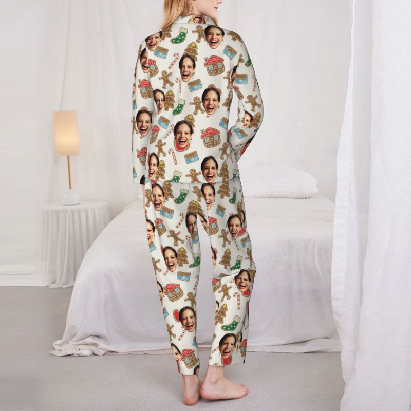 Personalized Pajamas Custom Photo Lovely Gingerbread Man Cottage Pattern Design Christmas Gift for Her