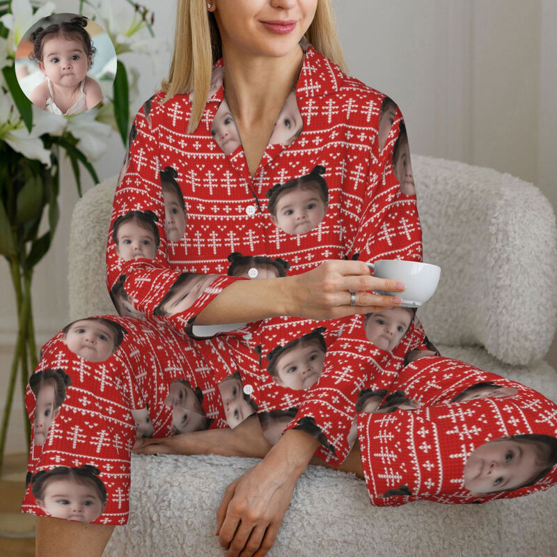 Personalized Pajamas Custom Photo Pixel Christmas Tree Red Style Pattern Design Perfect Gift for Her