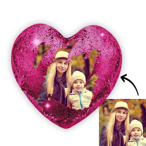 Cojín personalizado con foto en forma de corazón con lentejuelas