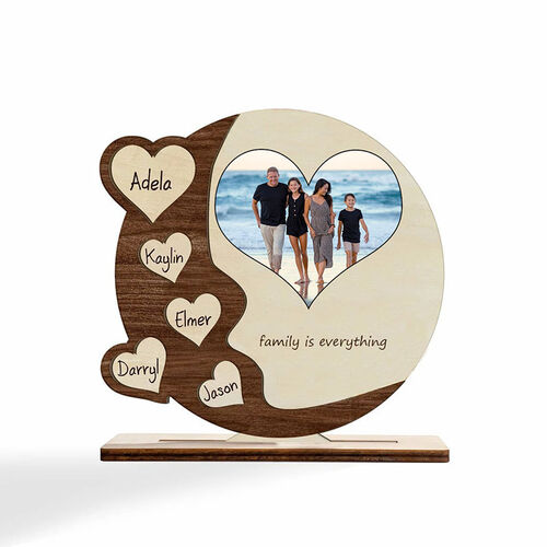 Cadre en bois personnalisé avec nom de famille et photo "La famille est tout".