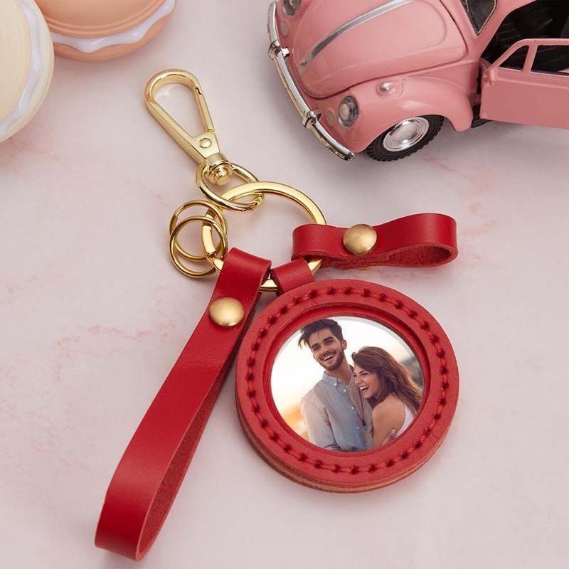"Romantic Couple" Custom Photo Keychain With Red Leather