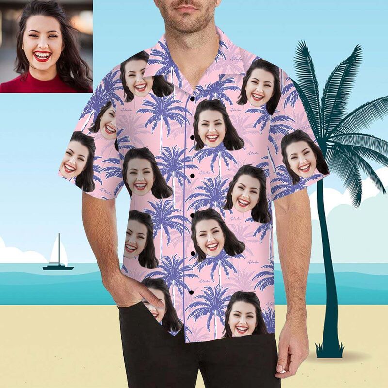 Custom Face Purple Palm Trees Men's All Over Print Hawaiian Shirt