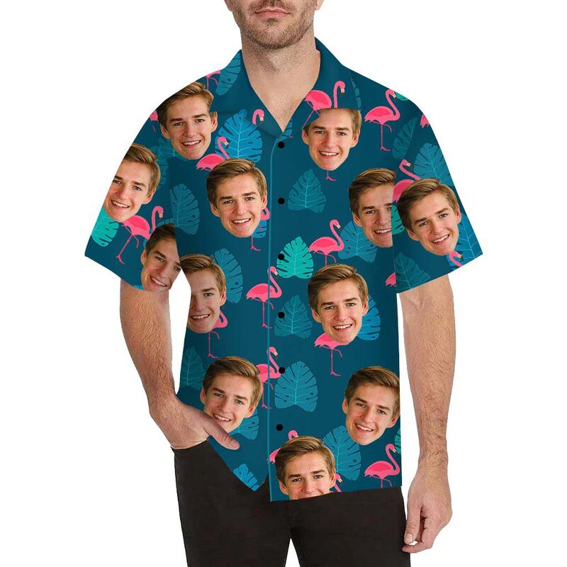 Chemise hawaïenne pour homme avec impression sur tout le corps visage personnalisé flamant rose et feuilles