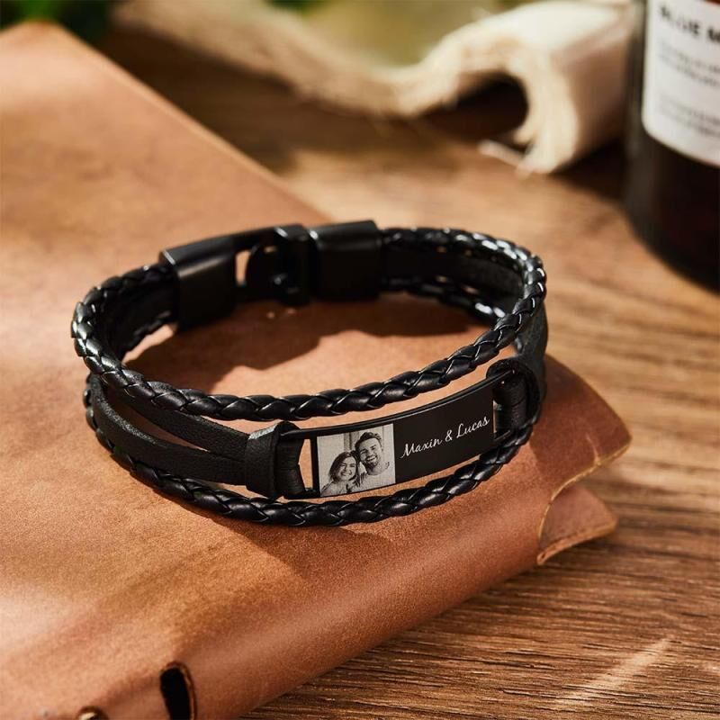 Personalized Men's Stainless Steel And Leather Bracelet With Custom Name And Photo Cool Christmas Gift