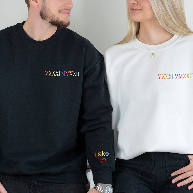 Personalized Sweatshirt Custom Embroidered Colorful Roman Numeral Date Attractive Gift for Couple's Anniversary
