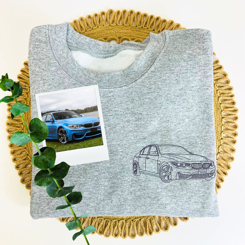 Personalized Sweatshirt Custom Embroidered Car Photo Line Drawing Design Cool Gift for Car Loving Friend