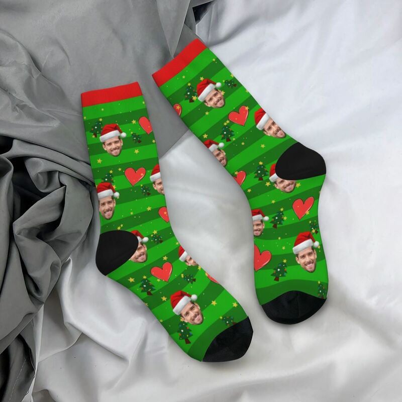 Custom Face Socks with Love Heart and Santa Hat Cute Socks Christmas Gifts for Couples