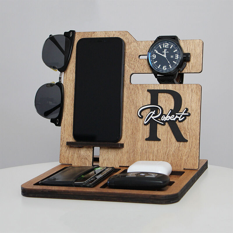 Persoonlijke bureau-organisator Docking-station Telefoon-lader-houten stand Aangepast naam-design cadeau voor hem
