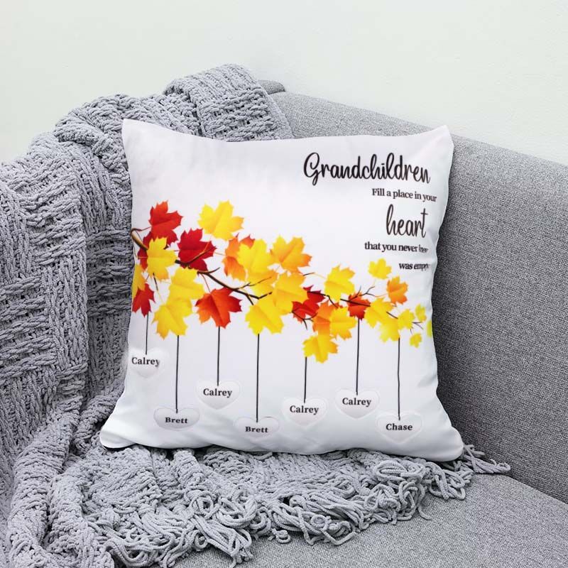 "Grandchildren Fill A Place In Your Heart" Custom Maple Leaf Name Pillow