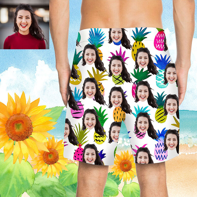 Custom Face Colorful Cartoon Pineapple Men's Beach Shorts