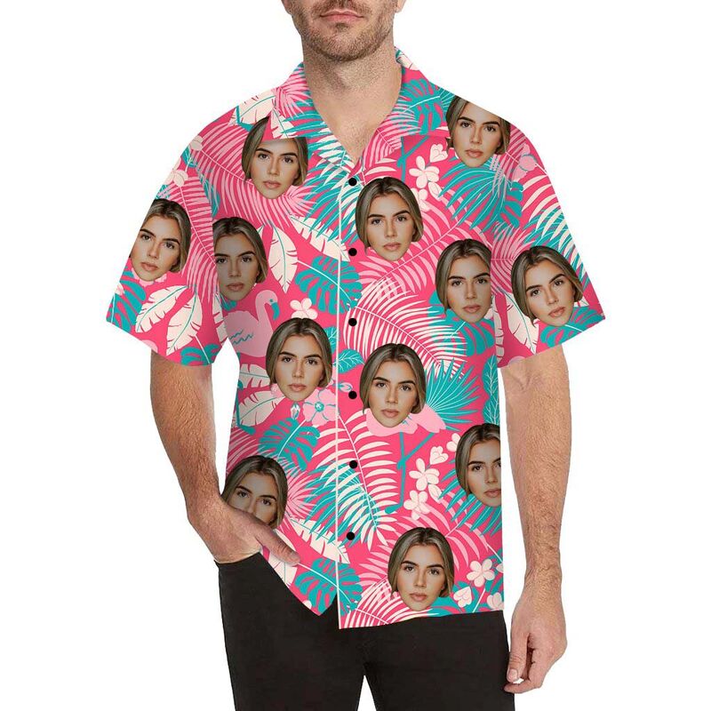 Custom Face Flamingo and Leaves Men's All Over Print Hawaiian Shirt in Pink