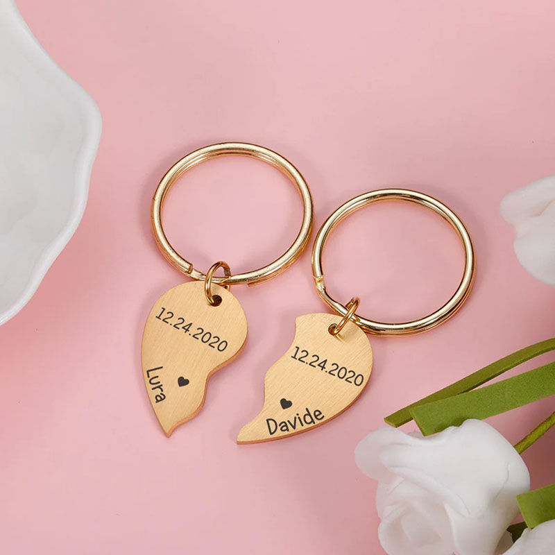 Personalized Engraved Name and Date Heart Keychain for Couple