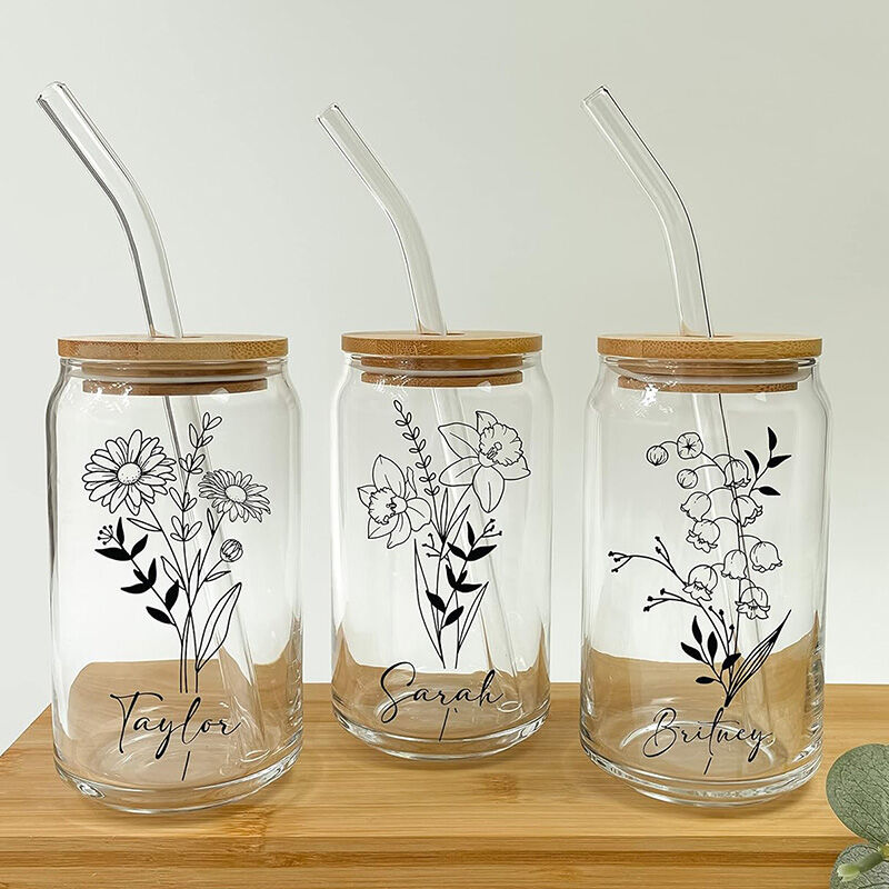 Personalized Name And Birth Flower Glass Cup with Lid And Straw Cool Gift for Kids