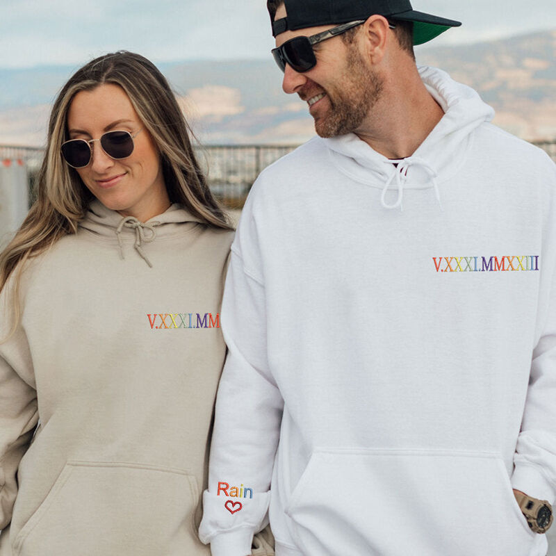 Personalized Hoodie Custom Embroidered Colorful Roman Numeral Date Attractive Gift for Couple's Anniversary