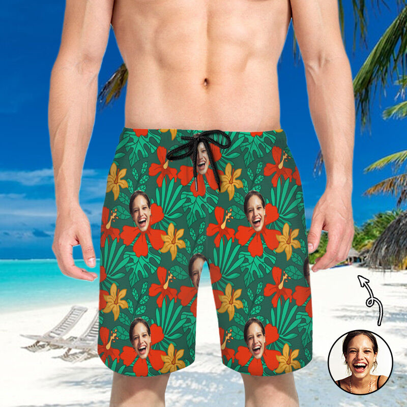 Personalized Picture Men's Beach Shorts with Red Flowers Pattern Simple Present for Family