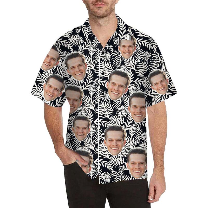 Custom Face White Leaves Men's All Over Print Hawaiian Shirt