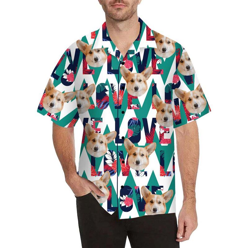 Chemise hawaïenne à impression intégrale Visage personnalisé coloré LOVE pour hommes
