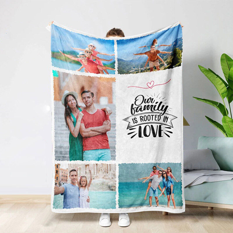 “Our Family Is Rooted in Love”Custom 5 Photos Collage Blanket