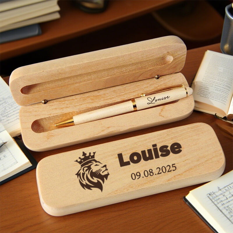 Personalized Pen Wooden Box Elegant Lion King Custom Message Design Perfect Gift for Him Friend