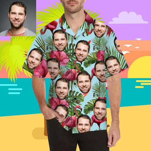 Personalisiertes Gesicht Flamingo Und Blume Männer Hawaii-Hemd