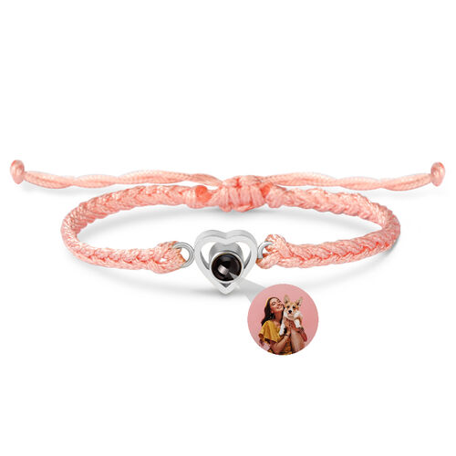 Bracelet cordon rose personnalisé avec projection de photos en forme de coeur Cadeau