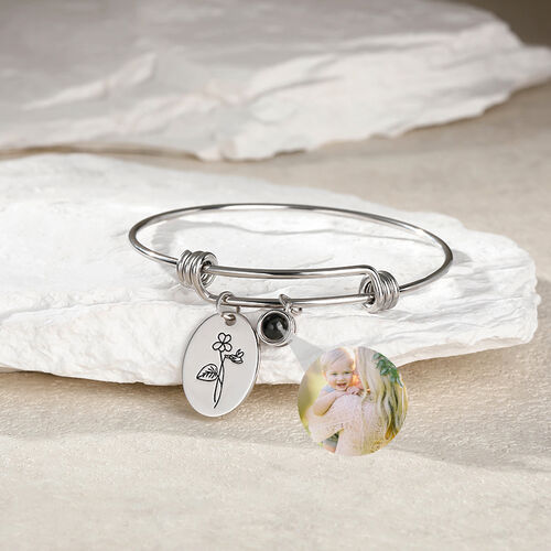 Personalized Projection Photo Bracelet with Birthday Flowers Mother's Day Gift