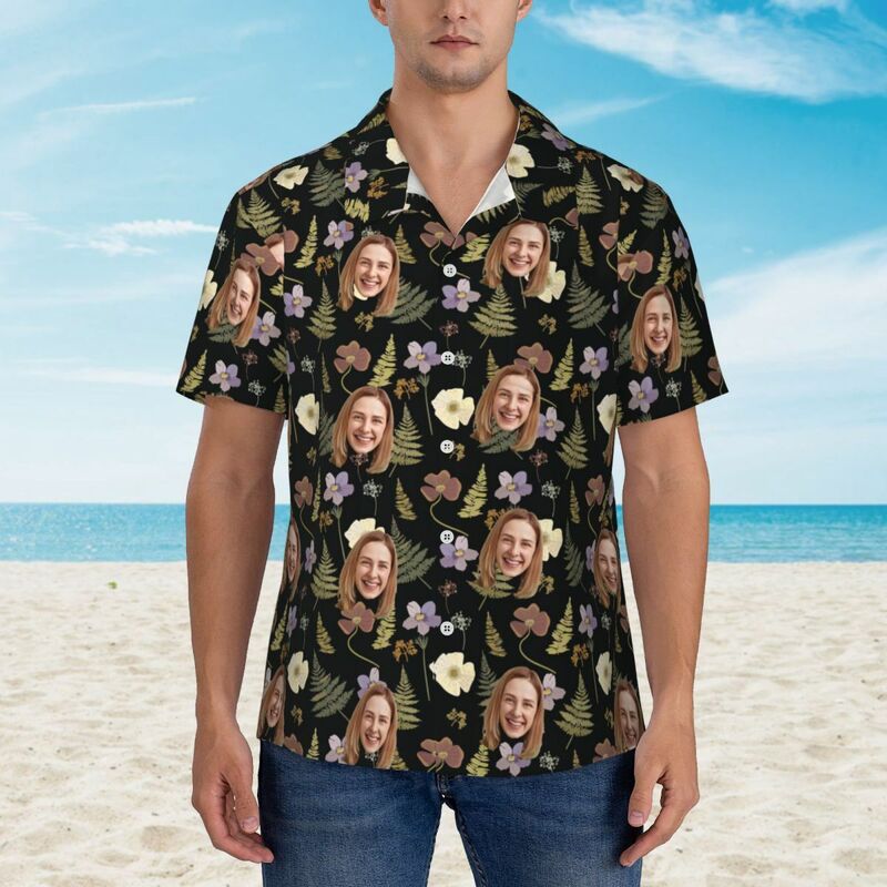 Camisa Hawaiana Personalizada Negra con Estampado Floral para Hombre