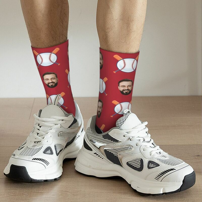 Personalized Face Socks Baseball Print Add Photo Mid-Calf Socks for Him