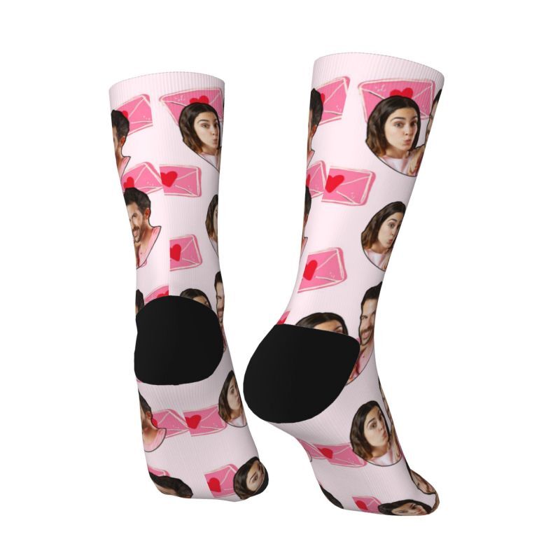 Personalized Face Socks with Pink Envelope Pattern to Add a Couple Photo for Anniversary