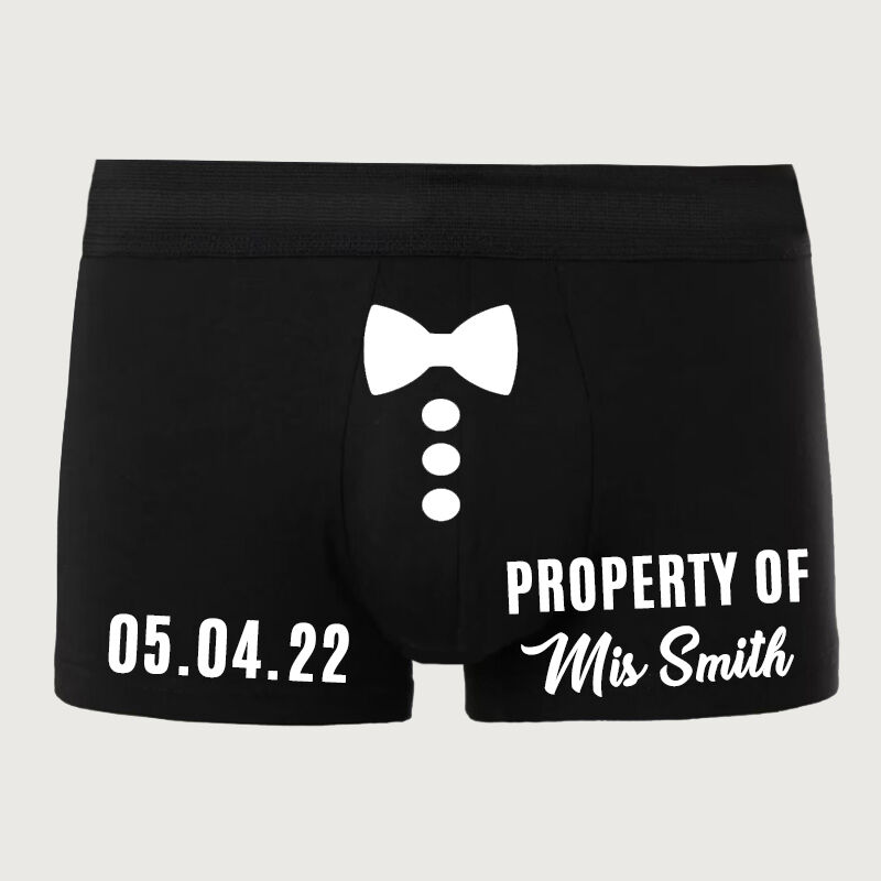 Boxer personnalisé pour homme avec nom et date et motif nœud blanc, meilleur cadeau pour lui