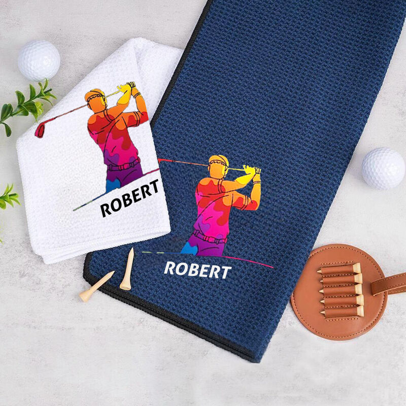 Personalized Golf Towel with Colorful Golfer Print Custom Name Golf Accessories Gift for Him