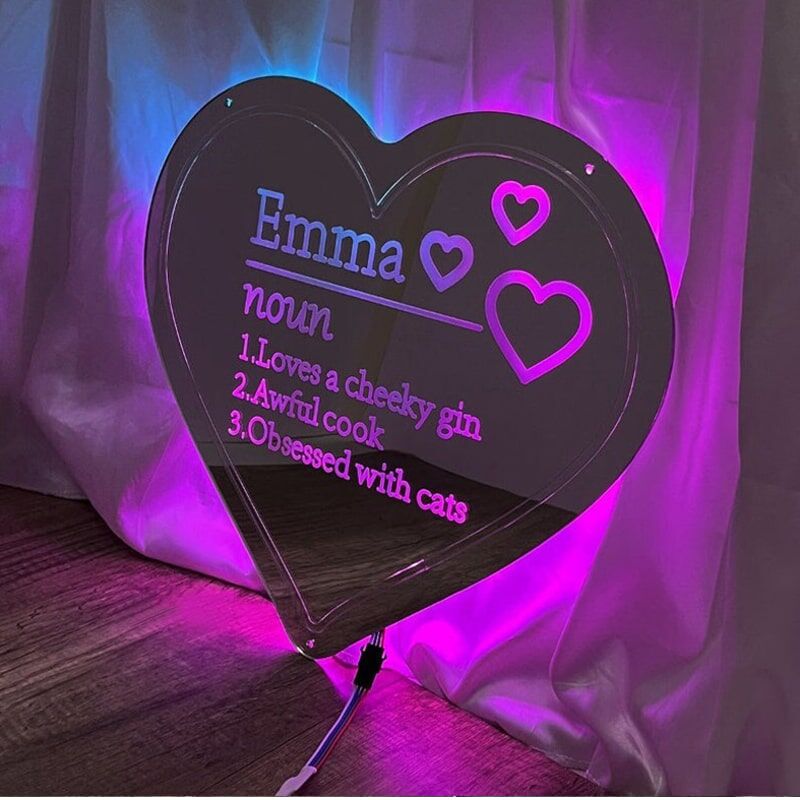 Personalized Heart Shaped Mirror Light Customized Name and Text Gift for Girls