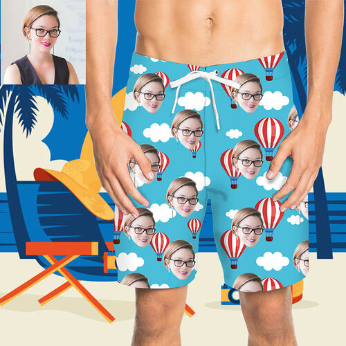 Pantaloni da Spiaggia Uomo Corti Personalizzati con Faccia e Mongolfiera Blu