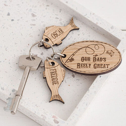 Personalised Name Keychain with Cute Fish Pattern Minimalist Present for Dad