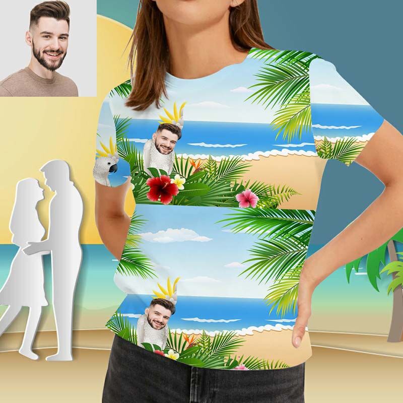 T-Shirt Hawaïen Personnalisé Imprimé avec Perroquet Blanc de Compagnie