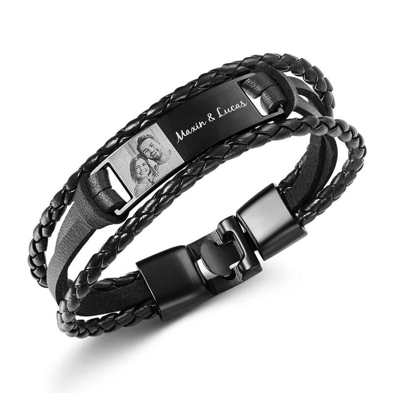Personalized Men's Stainless Steel And Leather Bracelet With Custom Name And Photo Cool Christmas Gift