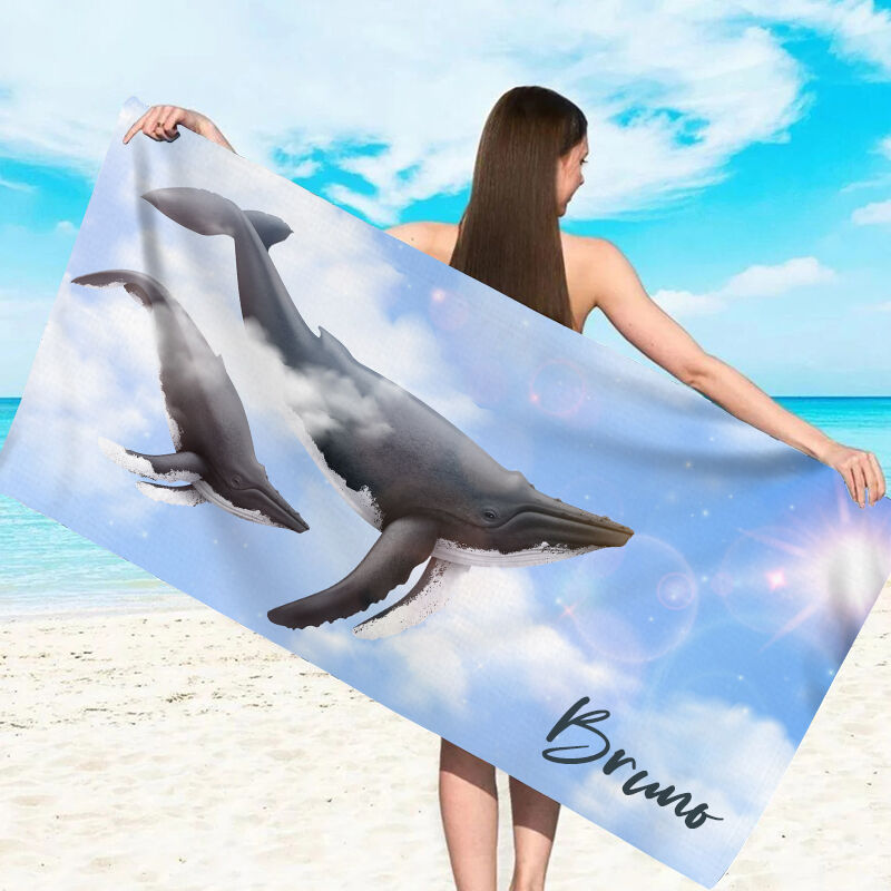 Personalized Name Bath Towel with Whale Pattern And Sky Background Beautiful Gift for Family