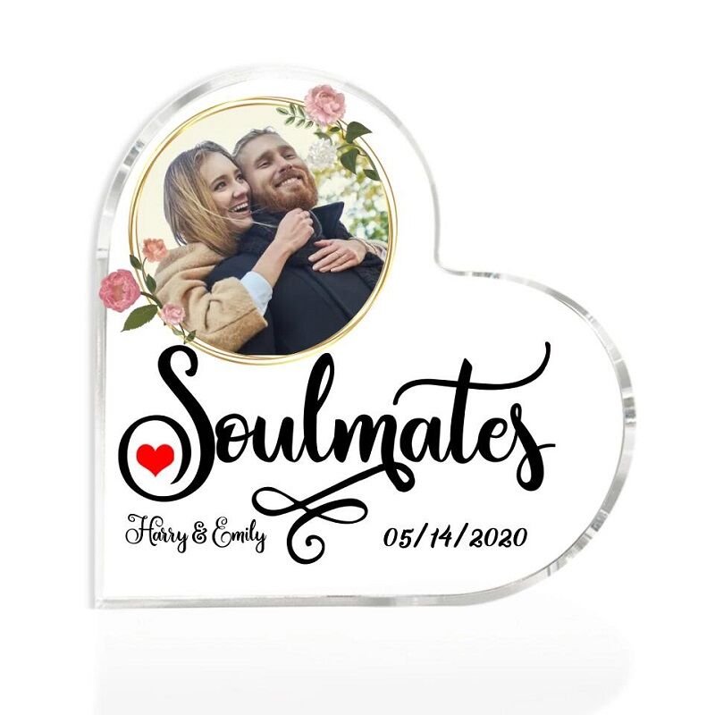 Personalized Heart Shape Acrylic Plaque Soulmates with Custom Name and Photo Perfect Gift for Couple's Anniversary